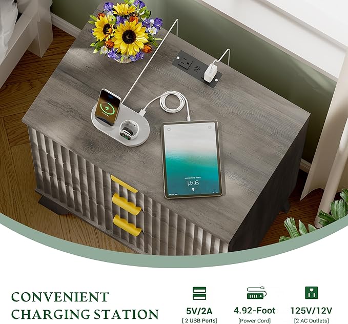 Fluted Nightstand with Charging Station, 24" Wide Bedside Table with 3 Large Storage Drawers, Modern Wood Side Table Night Stand, End Table Small Dresser for Bedroom, Living Room, Dorm, Grey