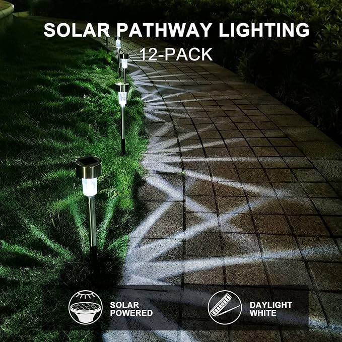 Solar Lights Outdoor Waterproof, Stainless Steel LED Landscape Lighting, Solar Garden Lights Solar Powered, Outdoor Solar Lights for Yard, Pathway, Walkway, Patio , Lawn - 16 Pack ( Cold White )