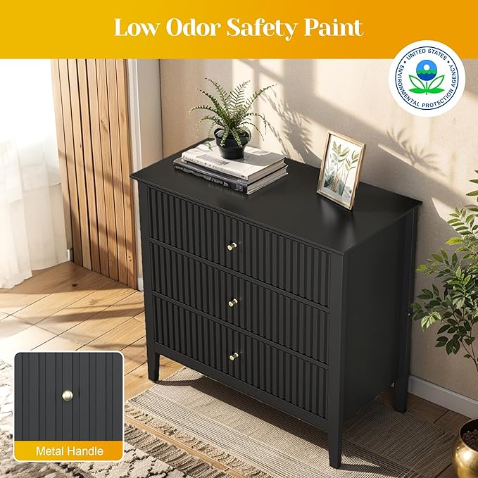 Large Black Fluted 3 Drawer Dresser Set of 2, Chest of Drawers with Ball Bearing Slide Modern 30 inch Tall Wood Nightstand with Spacious Storage for Bedroom Hallway Living Room Entryway