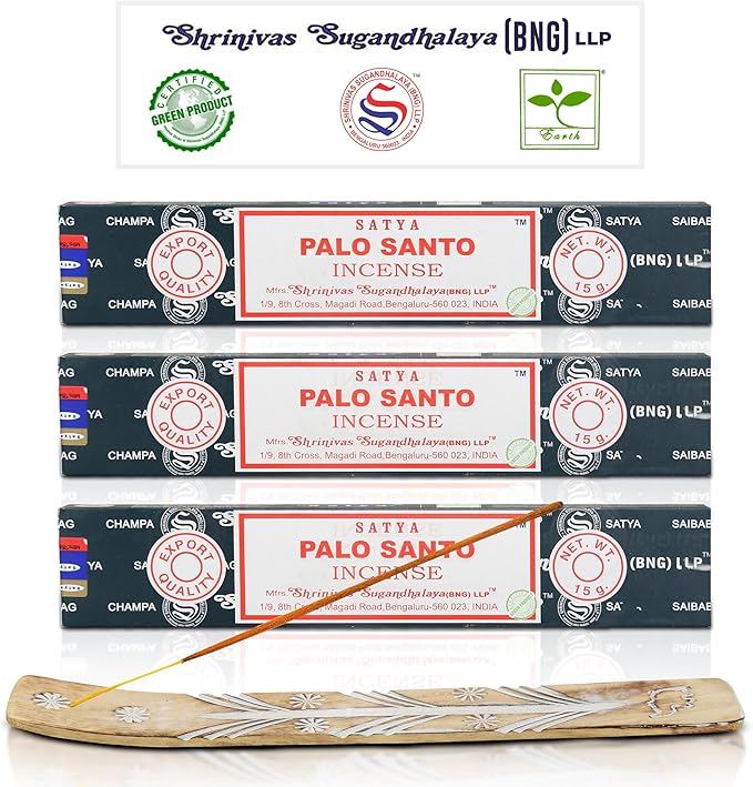 Satya Nagchampa Palo Santo Incense Sticks, Satya Bng (Bangalore) Insenses 15gmx3 Pack (45 GMS) with Raajsee Incense Holder Bundle, Satya Nagchampa Natural Incense