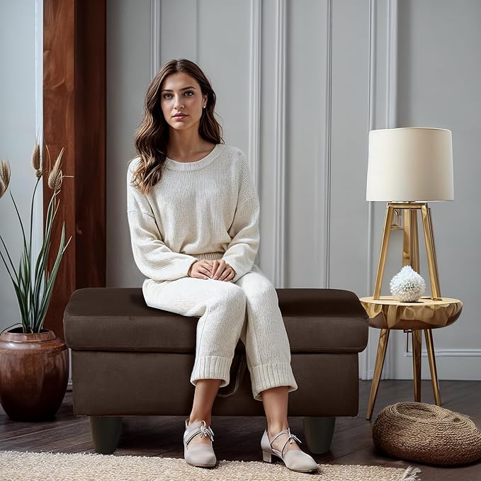 Ottoman Rectangular Storage Ottoman Bench, Flannel Footrest Stool Footstool with Lid for Living Room, Bedroom, Entryway, Coffee, 28.5"x19"x17.5"