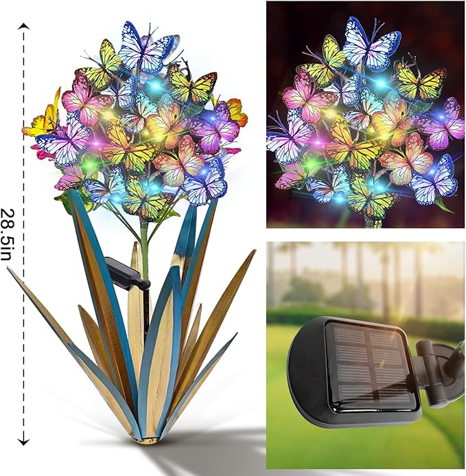 Homight Solar Metal Agave Butterfly Flower Stick Garden Sculpture - Outdoor Christmas Lights With Swaying Butterfly Sunflower - Solar Outdoor Gift (3 PCS Blue)