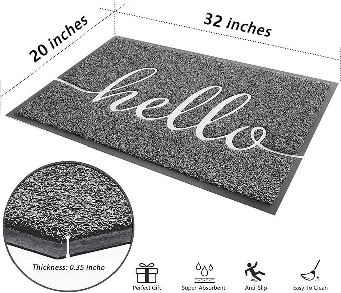 Door Mat (32"x20",Grey), Durable Welcome Mat Low Profile Floor Mat Front Doormat Non Slip Mats Entrance Rectangular Easy to Clean Doormat, for Entryway, Patio, High Traffic Areas