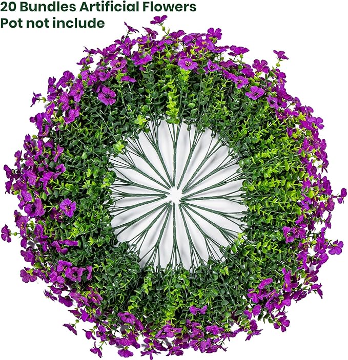 20 Bundles Artificial Flowers for Outdoor Fake Plants for Spring Decoration,Faux Eucalyptus Flowers for Planter UV Resistant Lifelike for Home Porch Garden（Fuchsia）