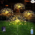 Solar Outdoor Warm White Garden Lights, 4 Pack Firework With 120 LED Starburst String 8 Modes Fairy With Remote, for Wedding Christmas, Lawn Backyard Party Patio Decoration