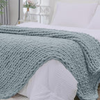 Bigacogo Chunky Knit Throw Blanket for Couch, 40x80 inches, 100% Hand Knitted with Thick Jumbo Chenille Yarn, Cozy Soft Large Rope Knot Cable Crochet Blankets for Sofa Bed Living Room, Dusty Blue