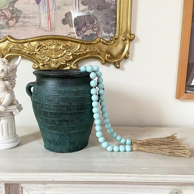 OMISHE 59in Wood Bead Garland with Tassels, Decorative Beads, Farmhouse Wooden Beads Garland for Wall Hanging Home Festival Decor, Aqua, Teal