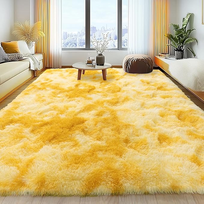 9x12 Large Area Rugs for Living Room, Ultra Fluffy Plush Rug for Living Room Bedroom, Thick Fluffy Carpet for Girls Boys Kids Room, Non Slip Dorm Rug for Home Decor Aesthetic, Tie-Dyed Yellow