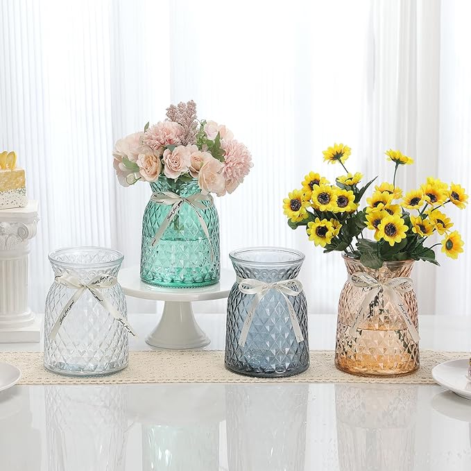 SOJOCK 2PACK Glass Flower Vases(Flowers NOT Included),6.3" High Diamond Pattern Vases,Vintage Vases for Centrepieces,Wedding Decorations,Home Table Flower Decorations