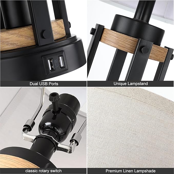 Farmhouse Table Lamps for Living Room Set of 2, 26” Rustic Beside Lamps with USB Charging Ports and Night Light, Bedroom Nightstand Lamp Vintage Reading Lamps for End Table,Bulbs Included