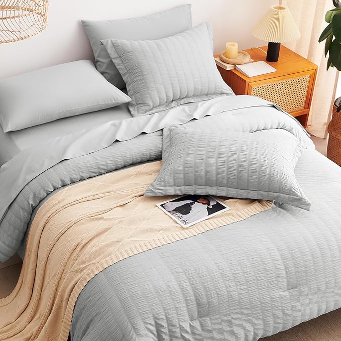 CozyLux King Size Comforter Set Light Grey Seersucker 7 Pieces Bed in a Bag King Comforter Set with Sheets, Luxury Bedding Set with Down Alternative Comforter, Sheets, Pillowcases & Shams All Seasons