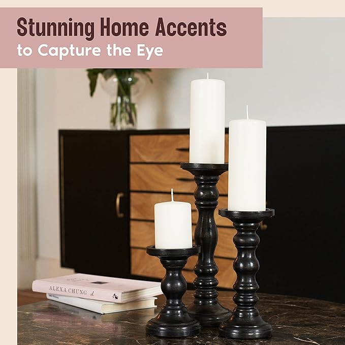 Large Candle Holders for Pillar Candles - Decorative Rustic Centerpiece Pillars Compatible with Battery-Operated Candles - Tall Farmhouse Wooden Candle Holders Pillar - Set of 3