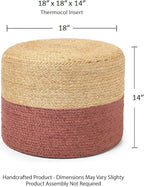 REDEARTH · Cylindrical Pouf Foot Stool Ottoman - Jute Braided Pouffe Poof Accent Sitting Footrest for Living Room, Bedroom, Nursery, Patio, Lounge & Other Rooms (Natural Rust, 18"x18"x14")