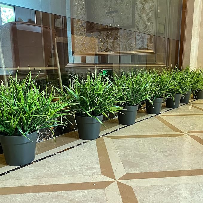 alyptus Artificial Grass Outdoor 12 Bundles Fake Plants Outside Green Onion Faux Greenery Shrubs for Front Porch Planters Pot Décor for Outdoors (Grass)