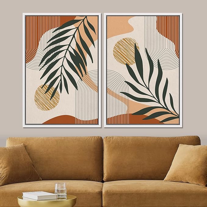 SIGNFORD Framed Canvas Print Wall Art Mid-Century Palm Leaf and Geometry Symbols Abstract Shapes Illustrations Modern Boho Nature Colorful Chic for Living Room, Bedroom, Office - 24"x36"x2 White