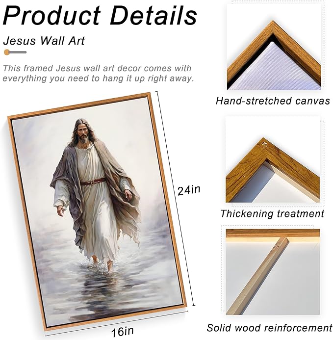 Fantasy Artists Framed Jesus Christ Wall Art Jesus Walking On Water Canvas Wall Decor Christian Painting Prints Biblical Religious Room Decor for Church Prayer Room Christian School Hospital 16" x 24"