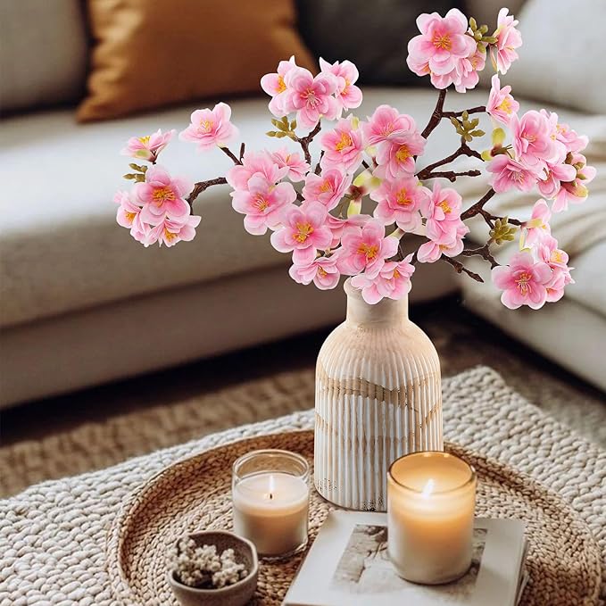 Fake Flower with Vase,3pcs Real Touch Pink Cherry Blossom Flowers in Vintage Ceramics Vase for Home Bathroom Office Desk Party Centerpiece Coffee Table Decor