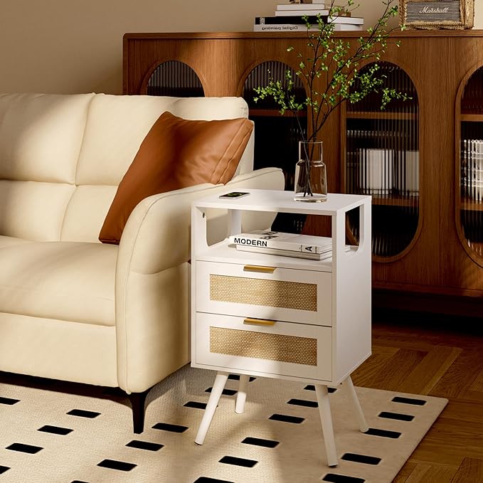 Rattan Nightstand,Farmhouse Bedside Table with 2 Storage Drawer and Open Wood Shelf, for Bedroom and Small Spaces,Night Stand with Solid Wood Legs (White)