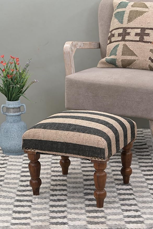 Handmade Jute Soft Ottomans Square Shape Stool for Sitting and Foot Rest with Wooden Legs, Entryway Modern Stool for Living Room, Bedroom, Hall (White, L 15.74 x W 15.74 x H 14 inch)