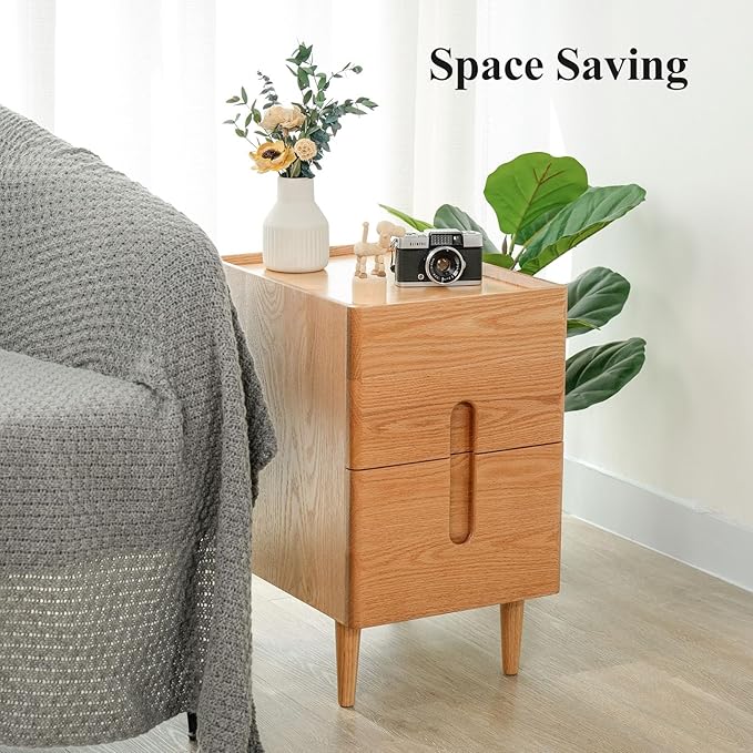 Narrow Nightstand, Mid Century Modern Nightstand, Solid Wood Bedside Table, Side Table witn Drawers (Natural, 11.81inches)