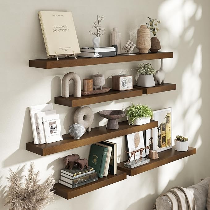 Marsmiles Floating Shelves for Wall - Small Wood Floating Shelves Set of 2-16 Inch Wide x 7.7 Inch Deep x 1.6 Inch Thick Dark Wood Shelves for Room Wall