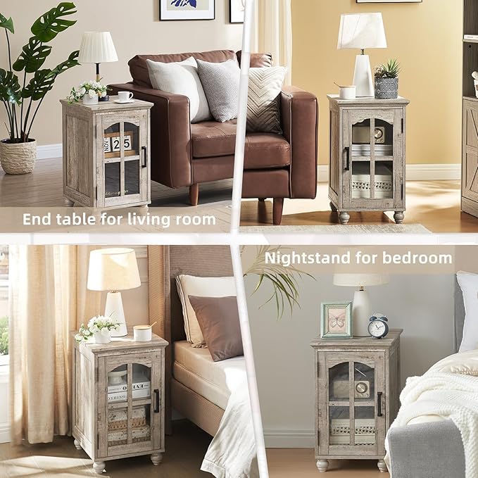 Farmhouse End Table Set of 3 with Charging Station, 18'' Narrow Side Table and 24" Large Sofa Side Table with Glass Barn Door Storage, Wood Night Stand Bedside Table for Living Room,Bedroom
