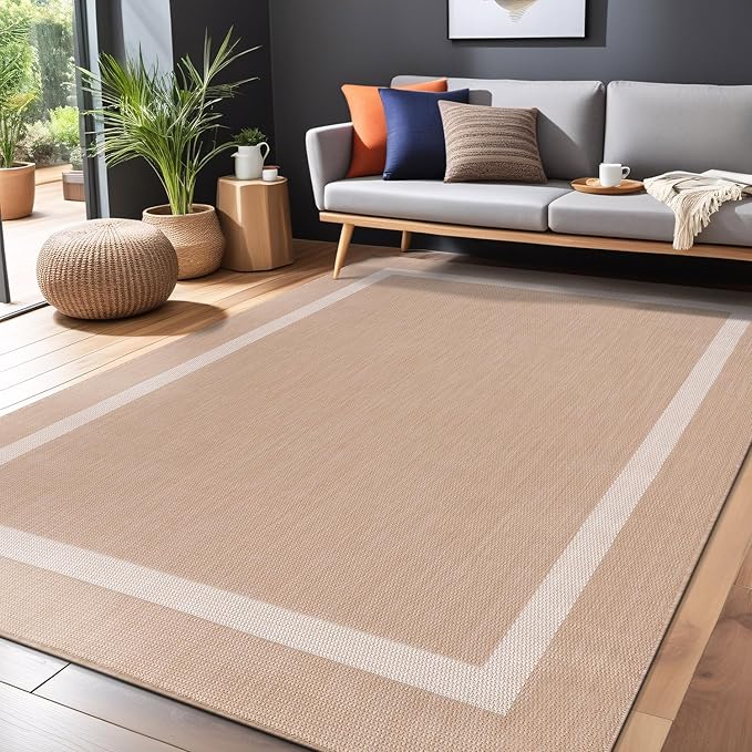 Bordered Outdoor Rug 9x12 Washable Outside Carpet for Indoor Patio Porch Waterproof Easy Cleaning Non Shedding Area Rugs Beige 9 x 12