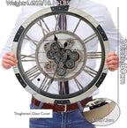 DORBOKER 24" Large Wall Clock with Moving Gears,Oversize Vintage Industrial Rustic Farmhouse Clocks for Living Room Decor Office Home,Solid Wood Retro Metal HD Tempered Glass Cover,Desert Beige