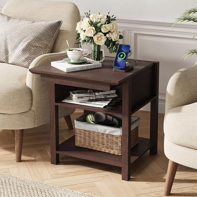Rresyet Sliding Side Table with Charging Station & 2-Tier Storage,Farmhouse End Table, Wooden Nightstand for Bedroom & Living Room,Cherry