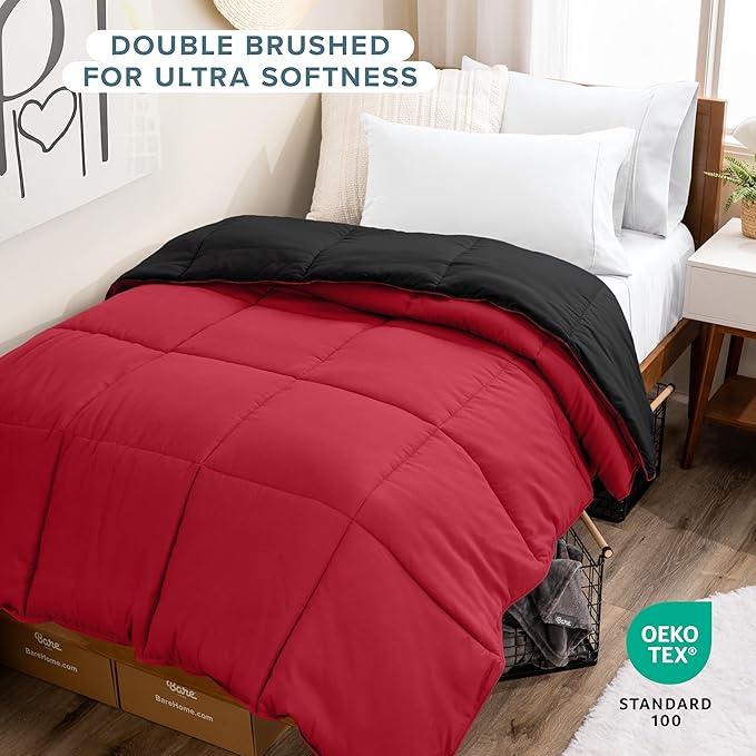 Bare Home Twin/Twin Extra Long Comforter - Reversible Colors - Goose Down Alternative - Ultra-Soft - Premium 1800 Series - All Season Warmth - Bedding Comforter (Twin/Twin XL, Black/Red)