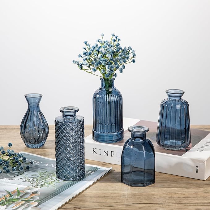 Glass Bud Vases Set of 20, Small Flower Vase in Bulk for Centerpieces, Mini Vintage Blue Vases for Rustic Wedding Vintage Home Table Decor