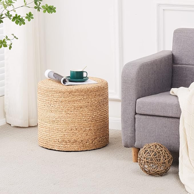 Wimarsbon 18'' Pouf Ottoman, Natural Braided Poof, Round Poufs, Rustic Handweave Lounge Pouffe, Boho Footrest Stool for Bedroom, Accent Table or Seat for Patio, Living Room