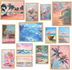Framed Wall Art for Beach Wall Decor, 13pcs Beachy Prints for Room Decor, Natural Oak Framed Wall Prints, Ready to Hang Beach Artworks, Eclectic Wall Pictures, Coastal Room Decor