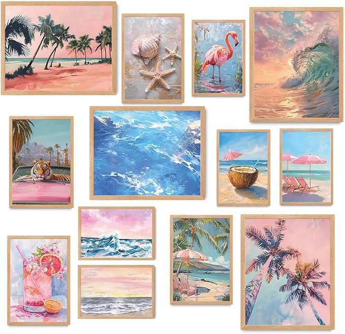 Framed Wall Art for Beach Wall Decor, 13pcs Beachy Prints for Room Decor, Natural Oak Framed Wall Prints, Ready to Hang Beach Artworks, Eclectic Wall Pictures, Coastal Room Decor