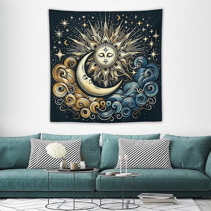 HZOHNAGO Sun Moon Tapestry Boho Golden Stars Pattern Printed Wall Tapestry Wall Hanging for Bedroom Living Room Dorm 60" W x 60" H
