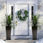 KOL 25'' & 28'' Tall Glazed Planter with Saucer, Set of 2, Galvanized Steel Planter Metal Pots for Indoor & Outdoor Use, Decorative Flower Plant Pots with Drainage Hole for Porch, Patio, Deck - Black