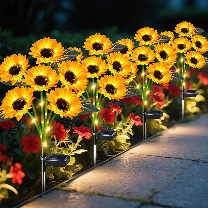 Sunflower Solar Lights Outdoor Decor, 4 Pack Solar Garden Decor 24 Waterproof Solar Sunflower Outdoor Lights for Garden Patio,Flower Bed, Pathway, Gift for Women, Mom, Grandma