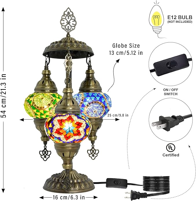 Mozaist Turkish Mosaic Lamp with Bulb – Anatolian Star 3 Globe Table Light