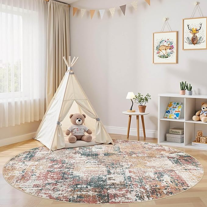 Tortania Washable 6' Round Area Rug for Living Room: Modern Abstract Neutral Large So' Thin Rugs - Non Slip Indoor Carpet for Bedroom Dining Room Office Nursery Home Floor Decoration - Colorful Multi