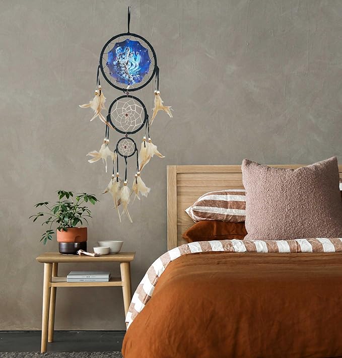 Remorelt Wolf Eagle Bear Dream Catcher Bedroom Wall Decor, Christmas Home Decoration, Room Accessory, White Moon Feather Decoration - Unique Home Craft Wall Pendant (DC12 6Inch Wolf Mountain)