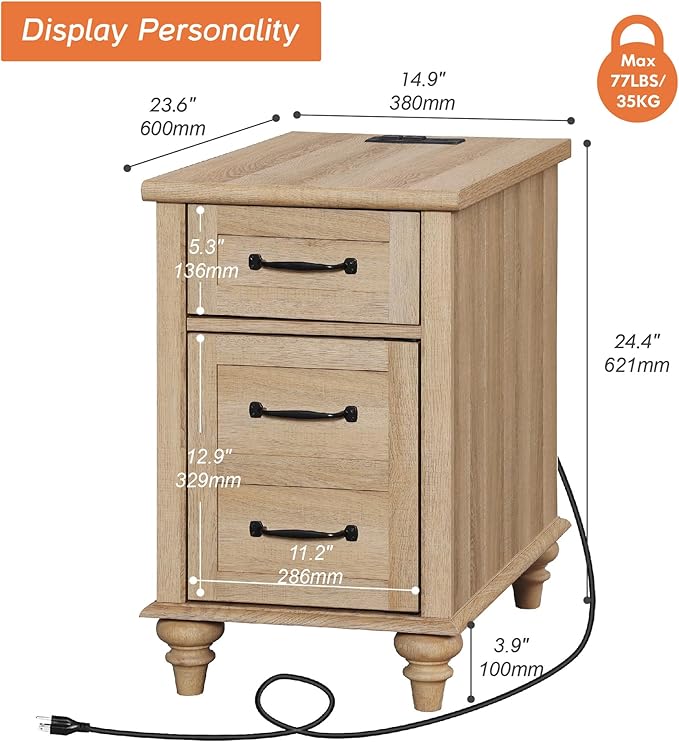 WAMPAT End Table with Charging Station, Wood Side Table with Drawer and Storage Cabinet, Modern End Table with Power outlets USB Ports for Living Room Bedroom, Oak