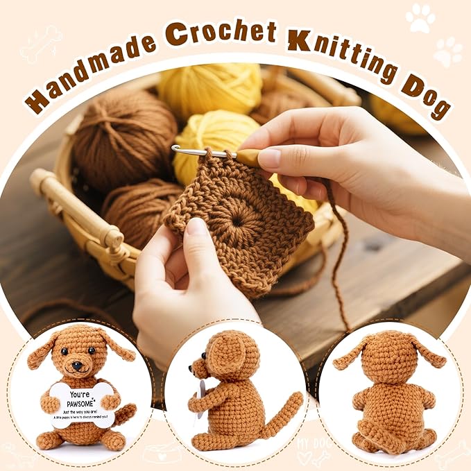 Crochet Dog Small Funny Gifts, Handmade Emotional Positive Crochet Animals, Mini Cool Cute Stuff Things Presents, Inspirational Puppy Dog Gifts for Women Men, Fun Pet Ornament Desk Decor Decorations