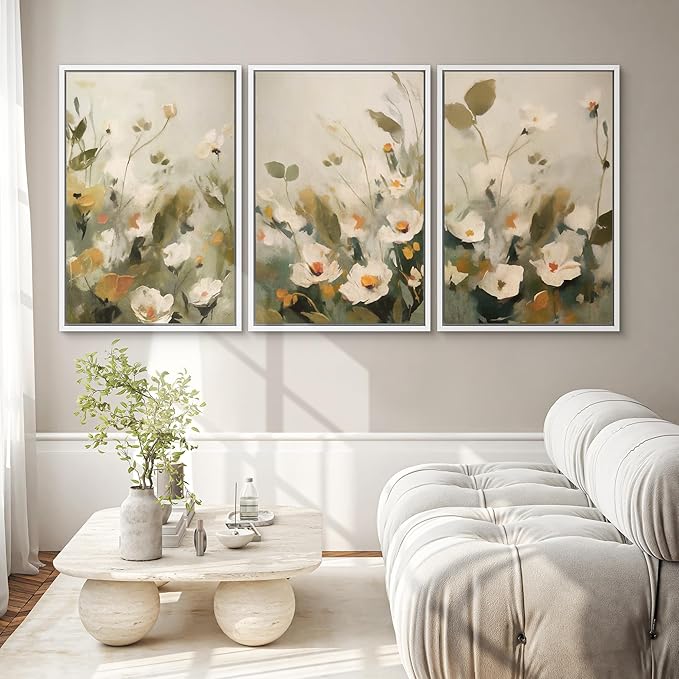 SIGNWIN Framed Canvas Print Wall Art Botanical Floral White Blossoms and Greenery Photography Modern Art Minimalist Black and White for Living Room, Bedroom, Office - 24"x36"x3 White