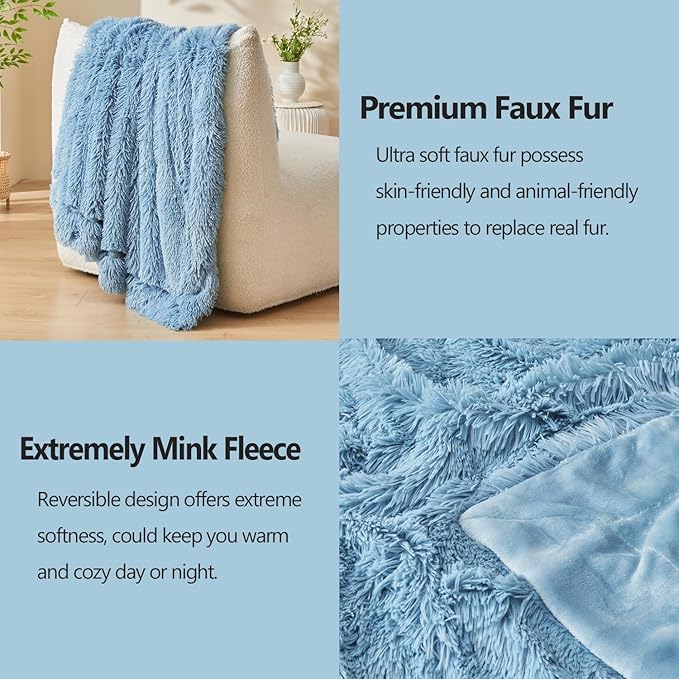 GONAAP Fuzzy Faux Fur Throw Blanket Light Blue Super Soft Cozy Plush Fuzzy Shaggy Blanket for Couch Sofa Bed (Light Blue, Throw(50"x60"))