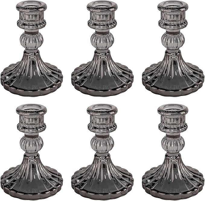 Glass Candlestick Holder,Striped Taper Candle Holders,Set of 6 Candle Stand for Table Centerpieces, Home Decor,Weddings,Festival and Parties (Grey Stripe Pattern)