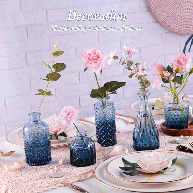 Navy Blue Glass Bud Vases Set of 5, Mini Flower Vase for Centerpieces, Small Clear Vases in Bulk for Wedding Decorations, Vintage Vase for Table, Graduation, Home Décor