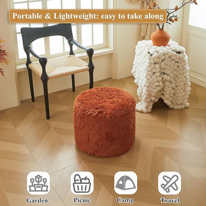 XeGe Fluffy Faux Fur Inflatable Pouf Ottoman, Soft Fuzzy Foot Stool, Plush Furry Foot Rest Floor Pouf Anti-Slip for Kids Girls Adult, Cute Foldable Round Ottoman Cushion Living Room, Burnt Orange