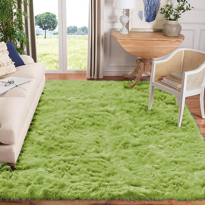 Goolela Area Rugs for Living Room Shag Rug 8x10 Bedroom Bedside Rug Green Washable Furry Faux Fur Rug Soft Fuzzy Sheepskin Rug Rectangle