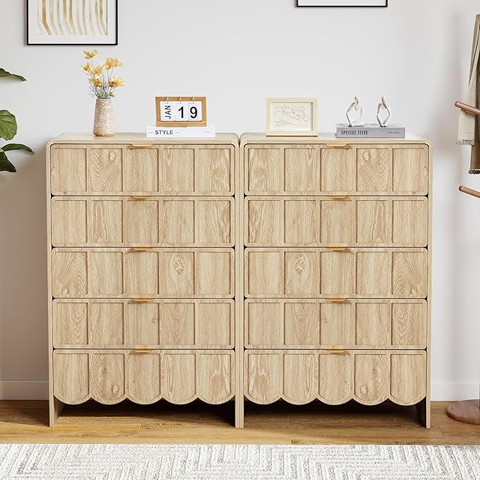 5 Drawer Dresser for Bedroom Set of 2, Modern Closet Chest of Drawers with Wave Fluted Drawer, Wood Storage Small Dresser Organizer for Nursery Bedroom Living Room Hallway Closet (Natural)