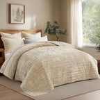 Qucover Queen/Oversized Queen Velvet Quilt and Sham Set, Luxury Velvet Comforter Bedding Set, Cream Beige Striped Quilt Bedspread, Ultra Soft Winter Coverlet for All Seasons